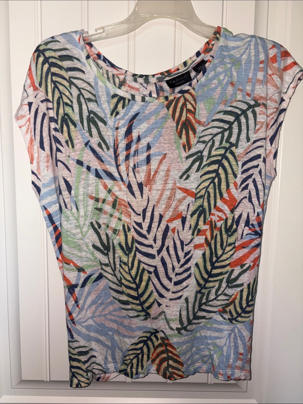 Tahari Multicolor Leaf Print Cap Sleeve Top - Blue/Green/Orange